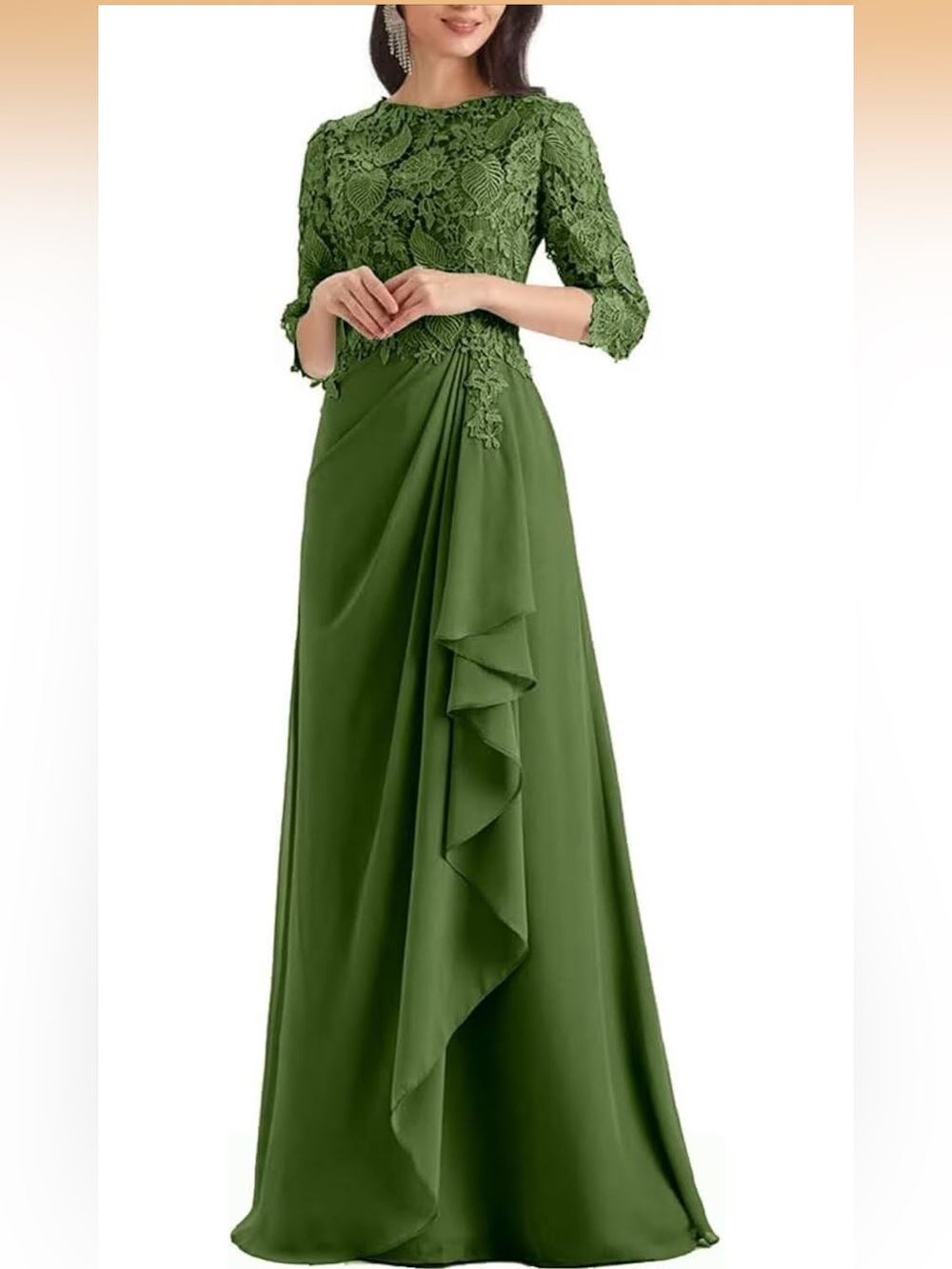 Elegant Olive Green Lace Draped Evening Dress with a zip at the back